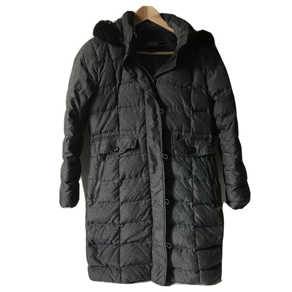 Lands End Women XS Grey Hooded Down Puffer Coat Faux Fur Hood Maxi Long Outdoors